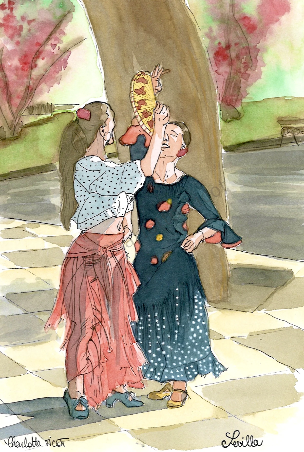 Danseuses de flamenco à Séville, illustration à l'aquarelle