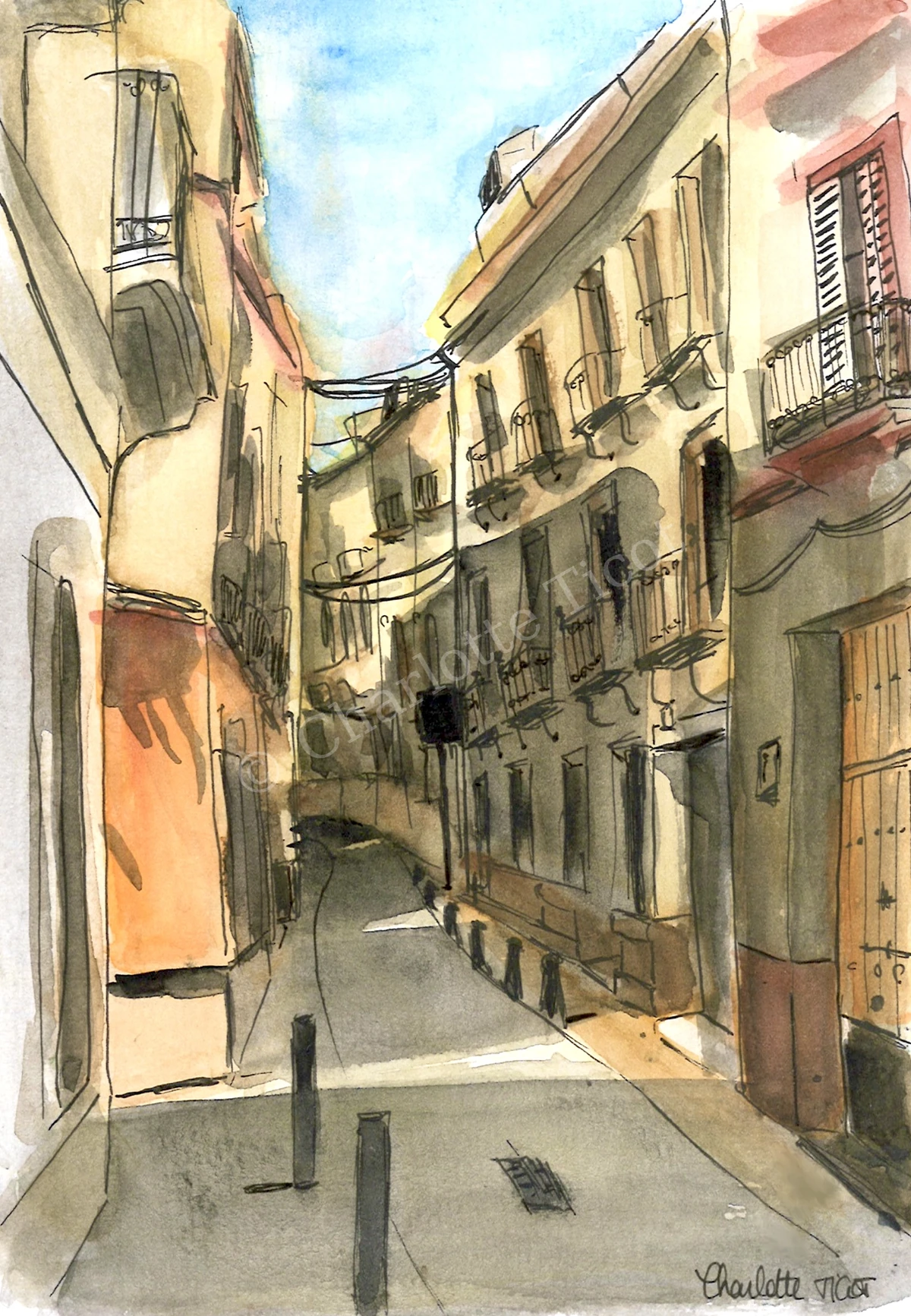 Ruelle au crépuscule à Séville, illustration à l'aquarelle