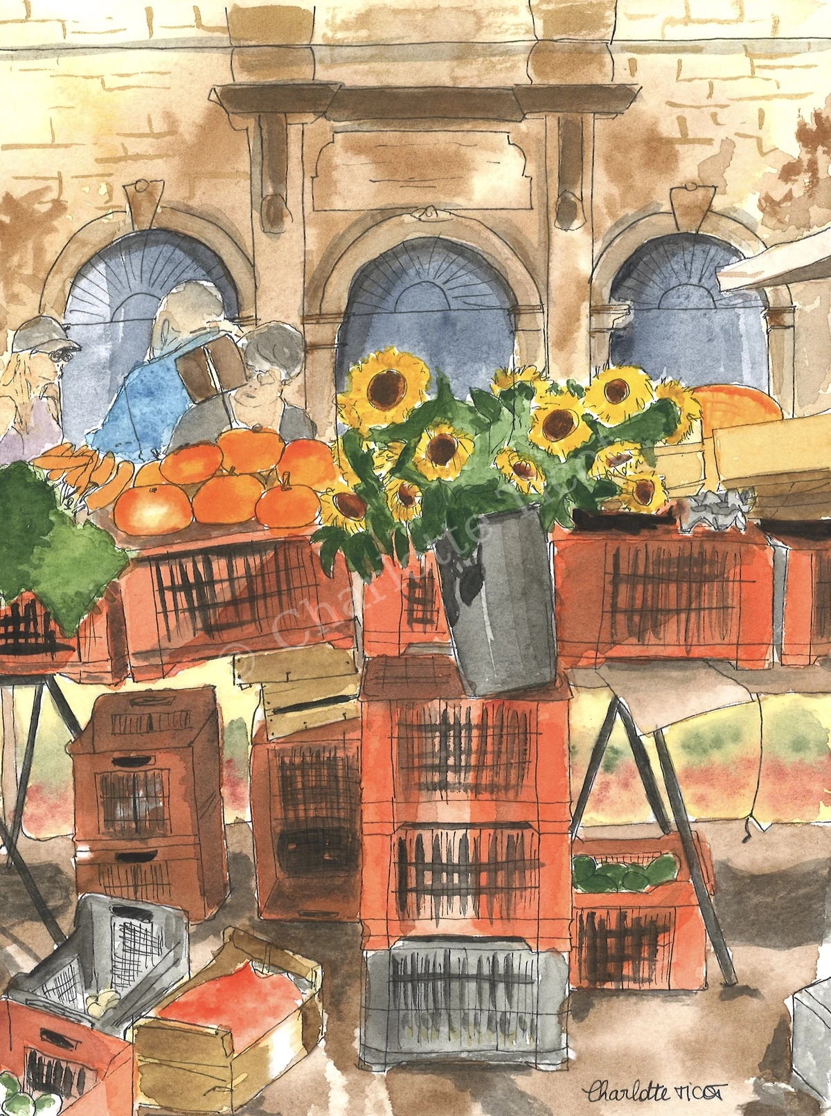 Marché aux tournesols en Provence, illustration à l'aquarelle
