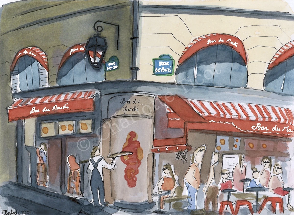 Le Bar du Marché à Paris, illustration à l'aquarelle