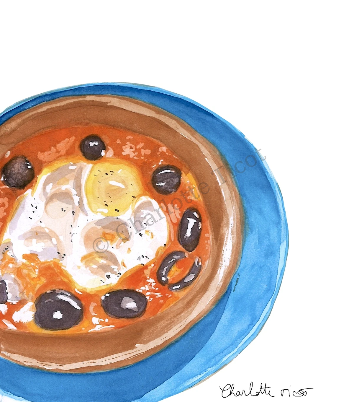 Chakchouka marocaine, illustration culinaire à l'aquarelle