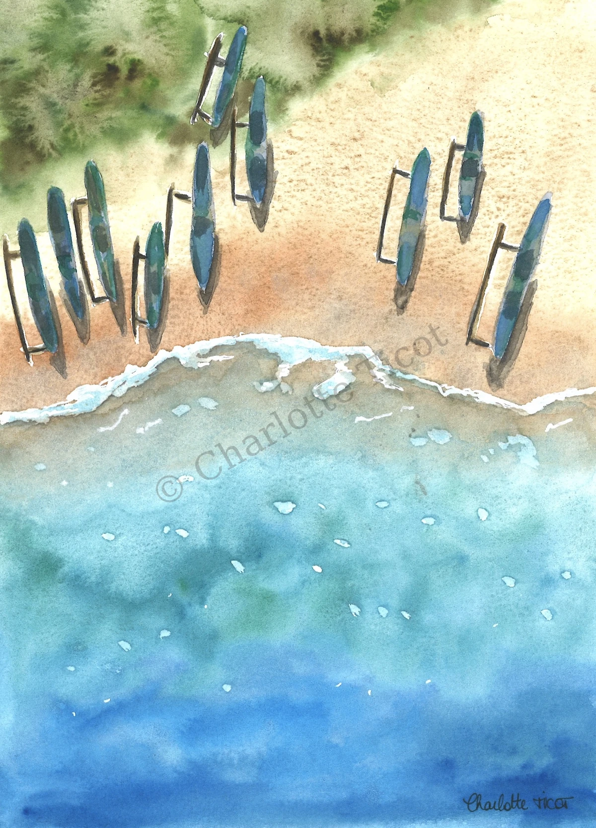 Plage de Lombok en vue aérienne, illustration à l'aquarelle