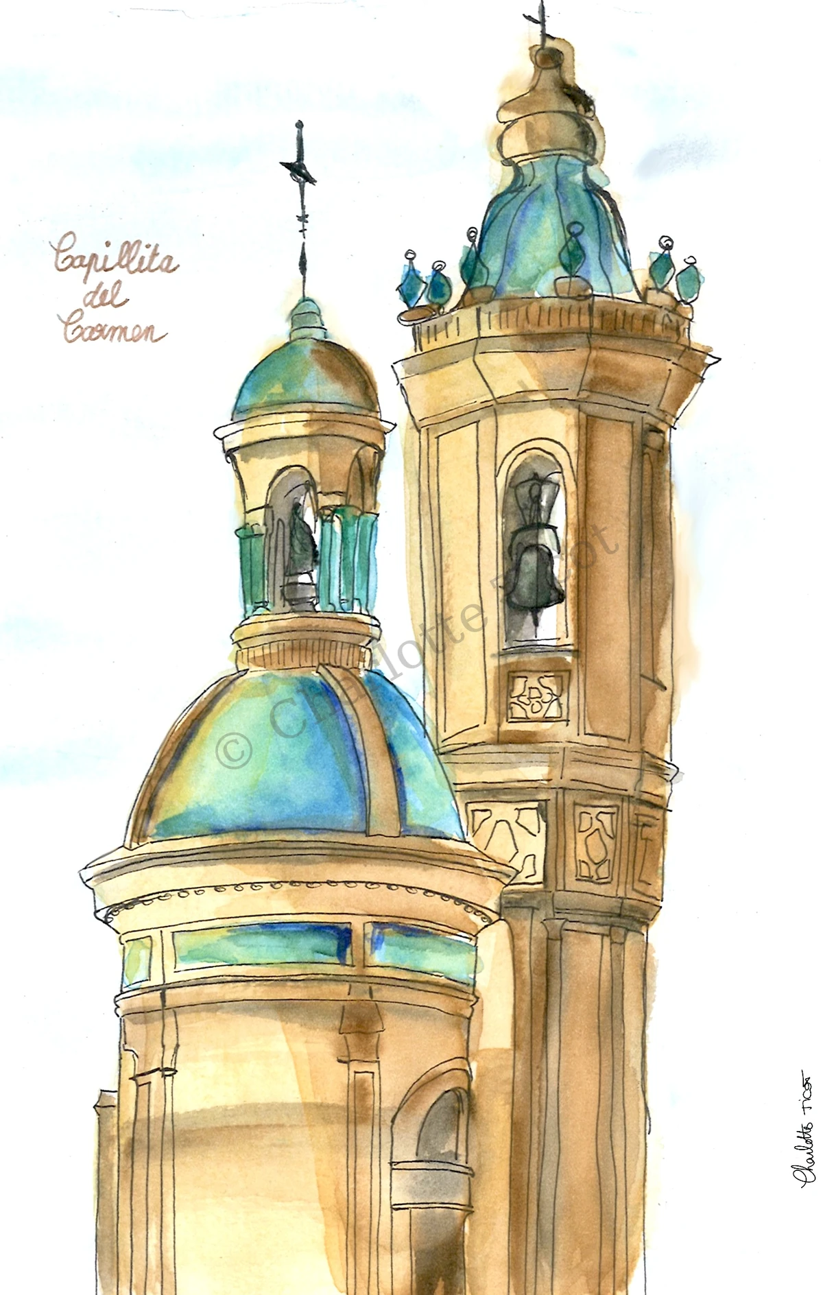 Capillita del Carmen à Séville, illustration à l'aquarelle