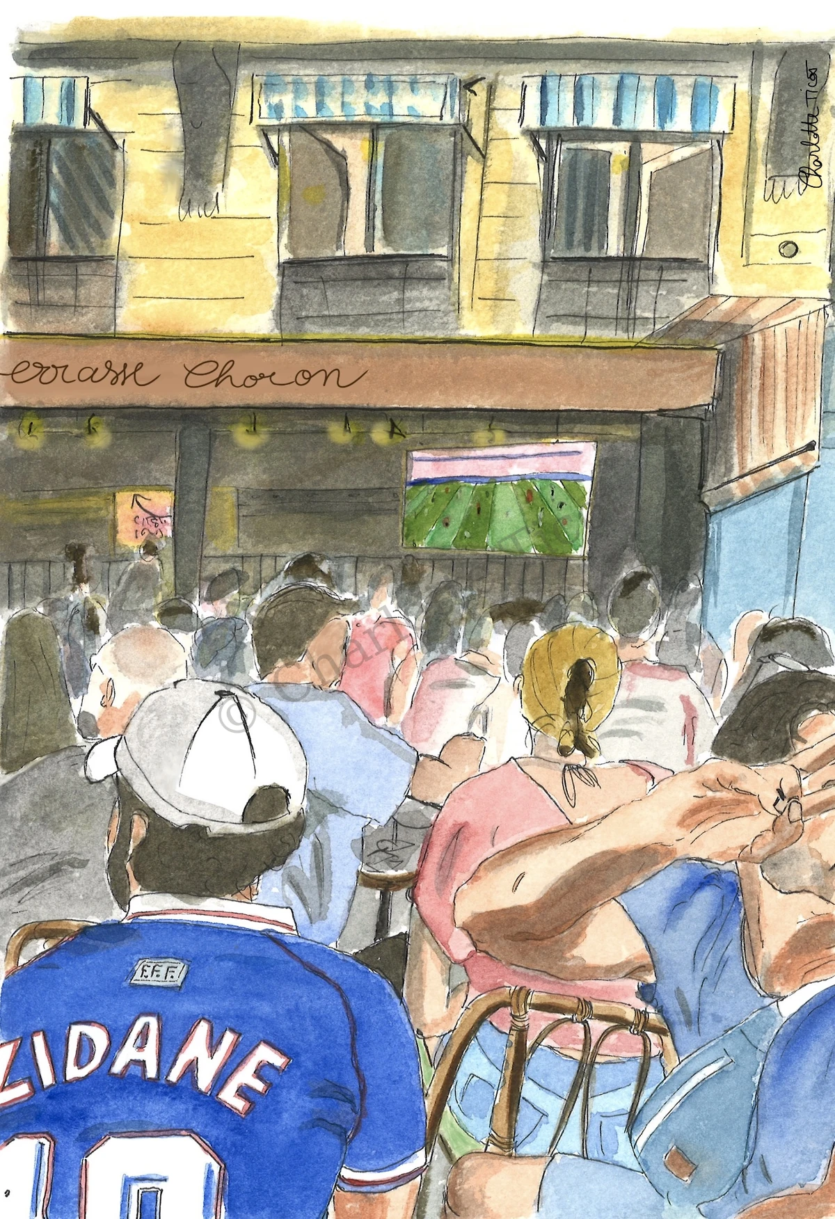 Terrasse de café un soir de match à Paris, illustration à l'aquarelle