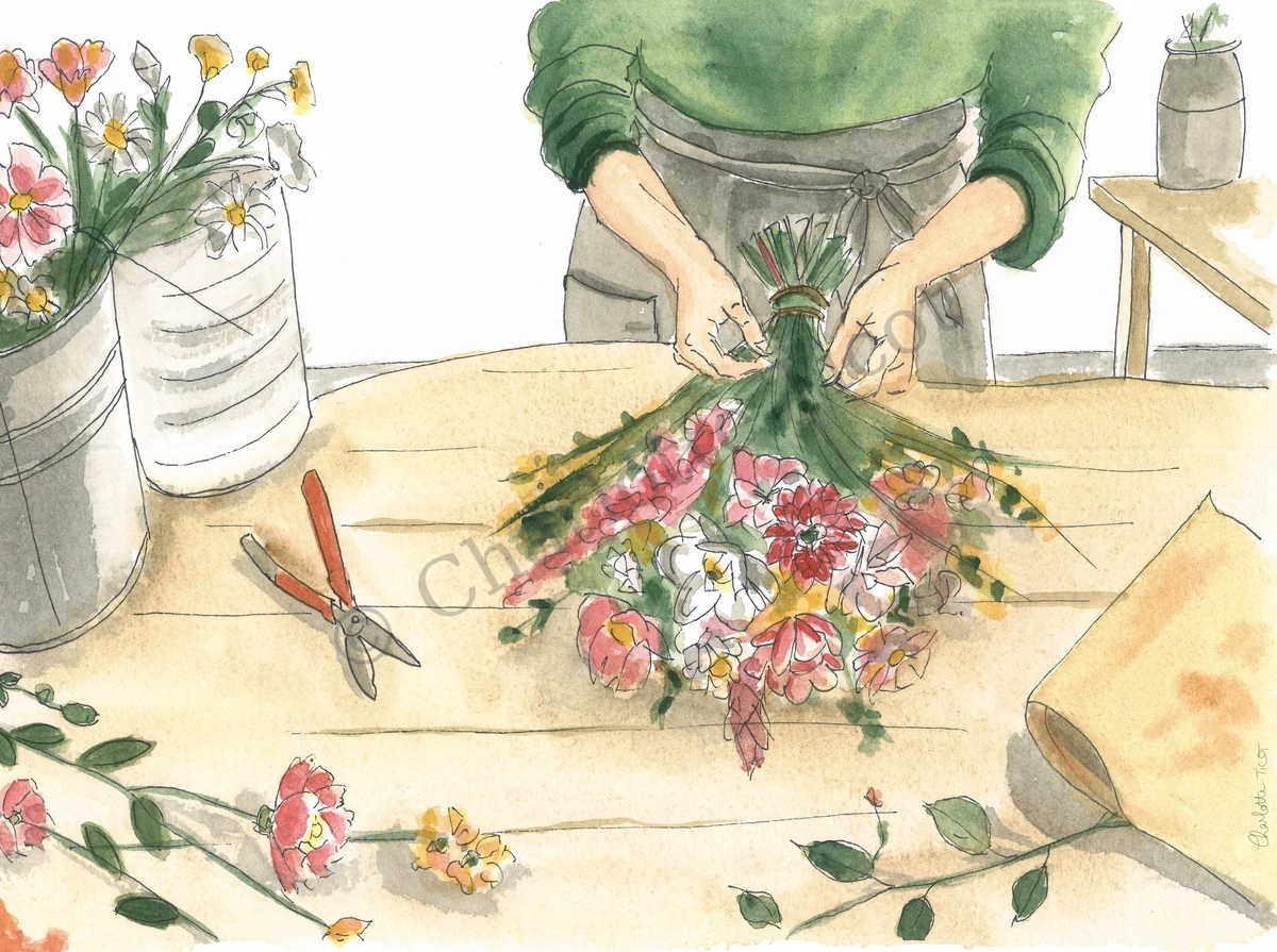 Mains d'un fleuriste nouant un bouquet sur l'établi, illustration à l'aquarelle