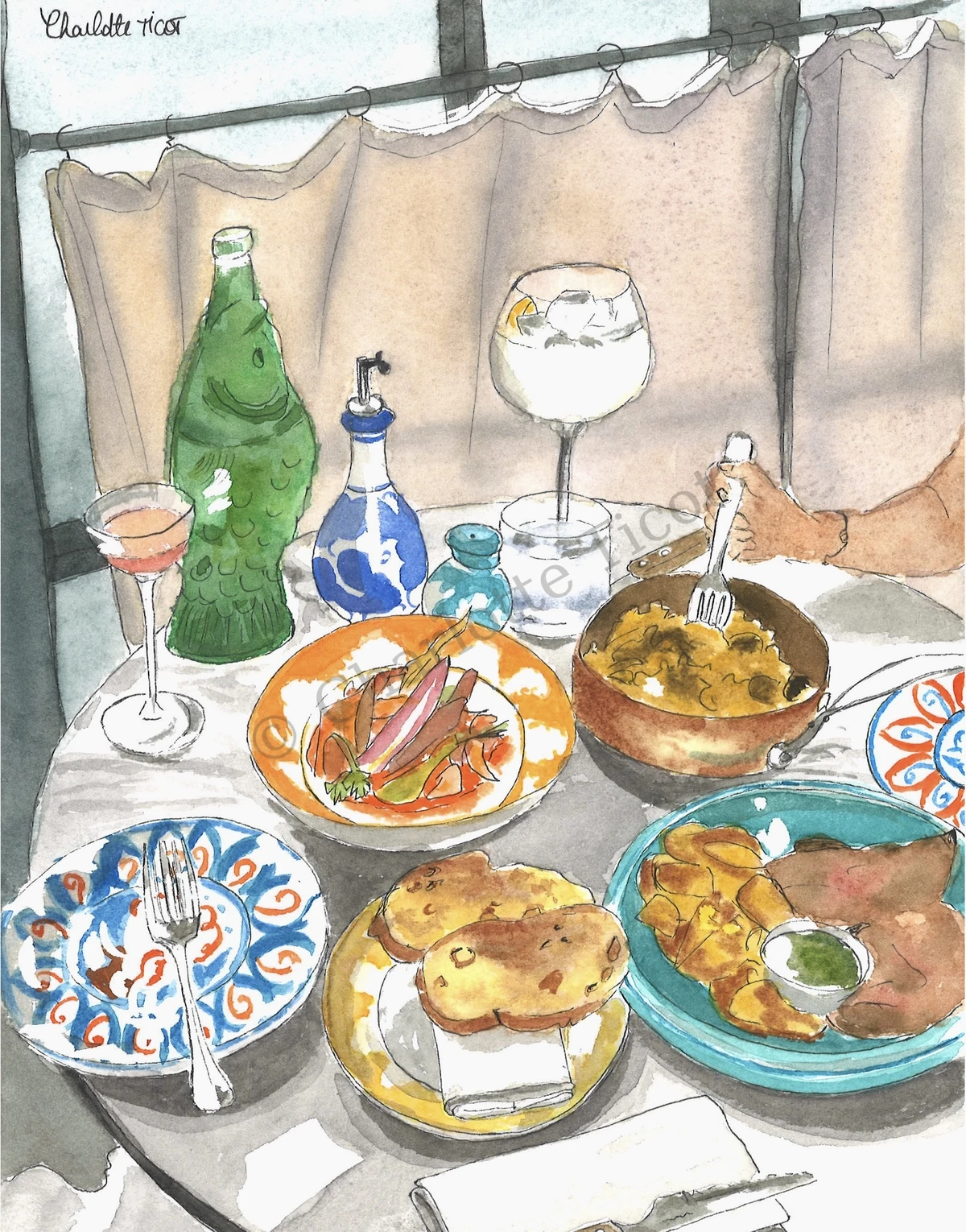 Scène de table dans un restaurant à Paris, illustration à l'aquarelle